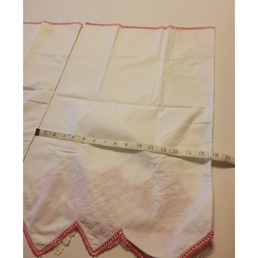 (2) Handmade Estate Pillow Cases White Pink Crochet‎ Edge Bedding 16